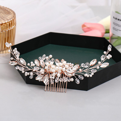 Pieptene de păr de nuntă din aur trandafir de modă Tiara de flori realizată manual cu strasuri de perle Accesorii de bijuterii de păr de bal de absolvire