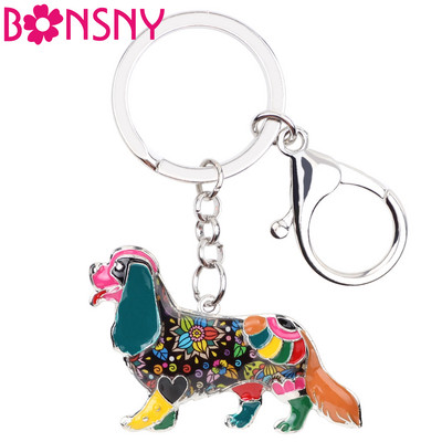 Bonsny Enamel Cavalier King Charles Spaniel Ключодържател Ключодържател Дамска чанта Чанта Charm Куче Ключодържатели Подаръци Сувенирни бижута за жени