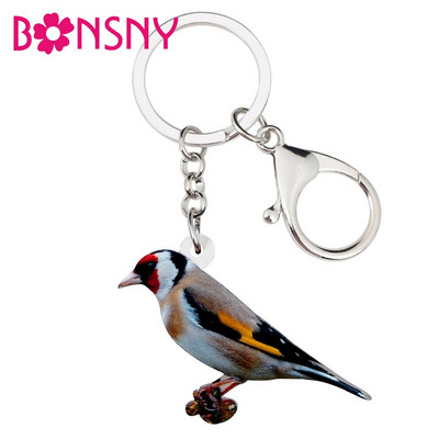 Bonsny Акрил European Goldfinch Bird Ключодържатели Ключодържатели Пръстен Модни животински бижута за жени Момиче Кола Чанта Портмоне Талисмани Подарък