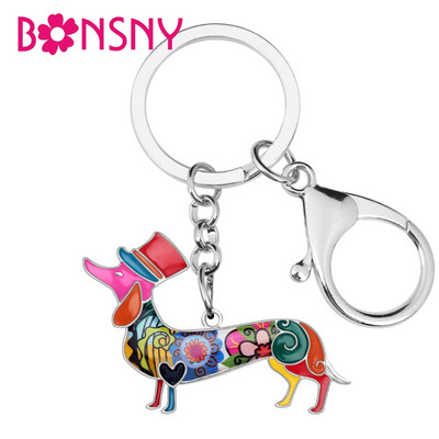 Bonsny Metal Alloy Κομψό Καπέλο Dachshund Dog Μπρελόκ Μπρελόκ Μπρελόκ Κρεμαστό κόσμημα από σμάλτο για γυναίκες κορίτσια Τσάντα Γούρια αυτοκινήτου