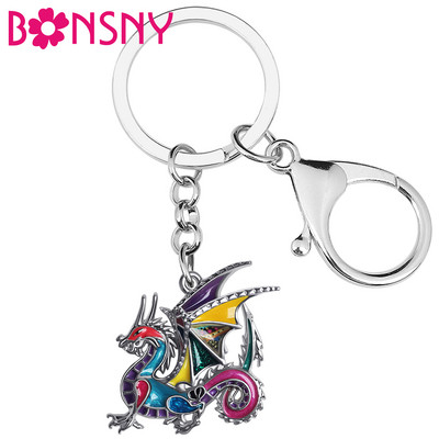 BONSNY Emajl Alloy3D Dinosaur Mighty Mythical Dragon Privjesak za ključeve Trendy Bag Privjesak za ključeve Prsten Nakit za žene Tinejdžerke Djevojke Šarm Poklon