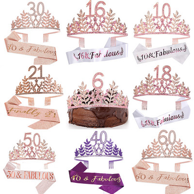 Queen`s Birthday Crown 6 16 18 21 30 50 Ribbon Crystal Tiara Princess Birthday Bar Mitzvah Party Anniversary Decoration Supplies