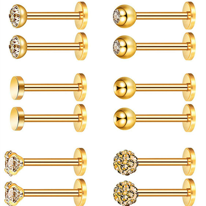 12 bucăți piercing labret din oțel inoxidabil 16G inel pentru buze cristal buze Helix piercing tragus cercel cartilaj Stud corp pircing bijuterii