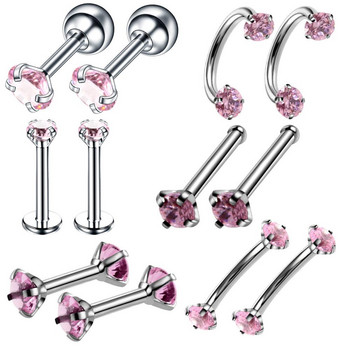 12 ΤΕΜ/Σετ Crystal Labret Piercing Lip Nose Ring Brod Piercing Helix Tragus Setring Piercing Stud Piercing Kit