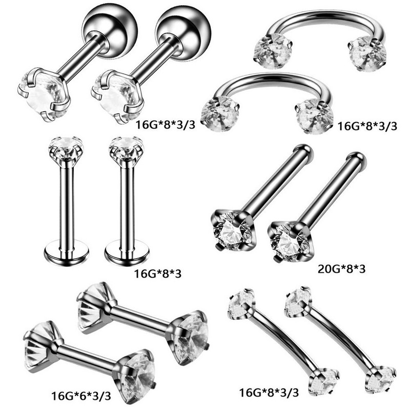 12 bucăți/set Crystal Labret Piercing Buză Inel Nas Sprâncene Piercing Helix Tragus Piercing Cercei Stud Pircing Kit