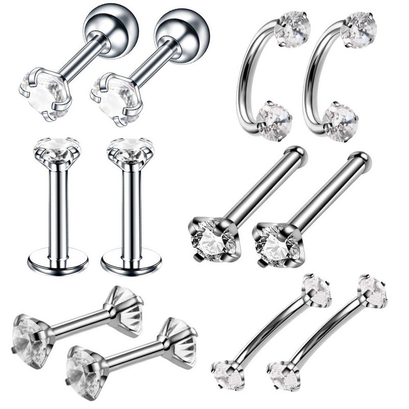 12 bucăți/set Crystal Labret Piercing Buză Inel Nas Sprâncene Piercing Helix Tragus Piercing Cercei Stud Pircing Kit