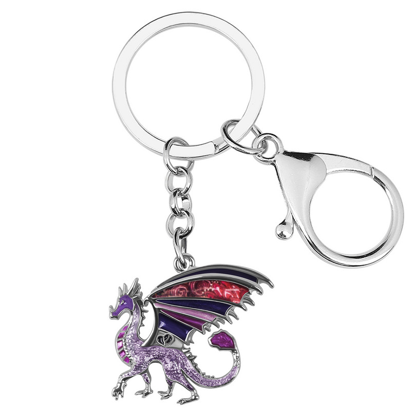 BONSNY Zománcötvözet virágos mitikus aranyos hosszú kék sárkány kulcstartók Divatos kulcstartó gyűrű ékszerek nőknek férfiaknak tini varázsajándékok
