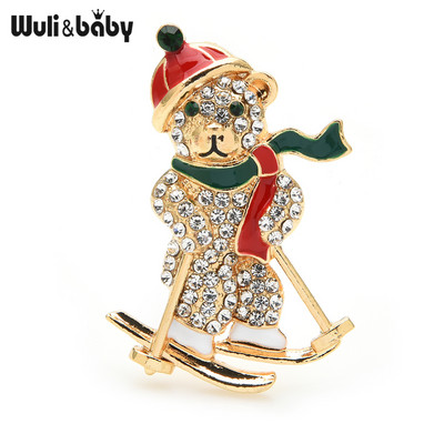 Брошки Wuli&baby Sking Bear 3-цветни кристали за сноуборд, животни, новогодишни брошки, дамски бижута, подаръци