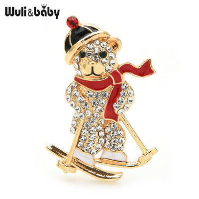 Wuli&baby Sking Bear Broșe Strasuri 3 culori Snowboarding Animal Broșe Anul Nou Femei Bijuterii Cadouri