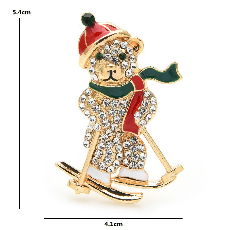 Wuli&baby Sking Bear Broșe Strasuri 3 culori Snowboarding Animal Broșe Anul Nou Femei Bijuterii Cadouri