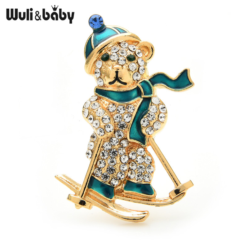 Wuli&baby Sking Bear Broșe Strasuri 3 culori Snowboarding Animal Broșe Anul Nou Femei Bijuterii Cadouri