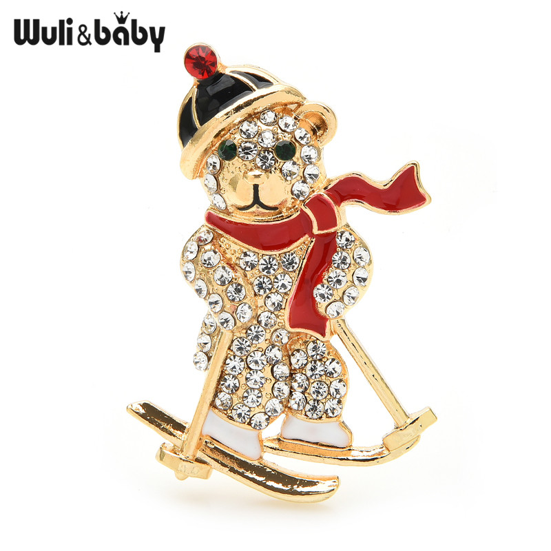 Wuli&baby Sking Bear Broșe Strasuri 3 culori Snowboarding Animal Broșe Anul Nou Femei Bijuterii Cadouri