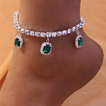 Huitan Paved Green/White CZ Anklet за жени Бохо стил Момиче Боси сандали Гривна Глезена на крака Плажни летни аксесоари