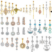 Set de piercing pentru buric, floare de lotus, din oțel chirurgical, inel pentru burtică, cristal, în vrac, set de piercing pentru buric, lot de inel pentru buric