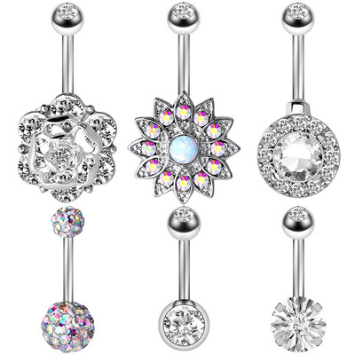 Set de piercing pentru buric, floare de lotus, din oțel chirurgical, inel pentru burtică, cristal, în vrac, set de piercing pentru buric, lot de inel pentru buric