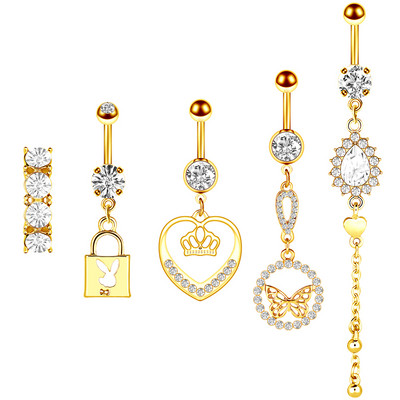 Set de piercing pentru buric, floare de lotus, din oțel chirurgical, inel pentru burtică, cristal, în vrac, set de piercing pentru buric, lot de inel pentru buric