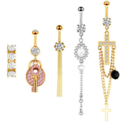 Set de piercing pentru buric, floare de lotus, din oțel chirurgical, inel pentru burtică, cristal, în vrac, set de piercing pentru buric, lot de inel pentru buric