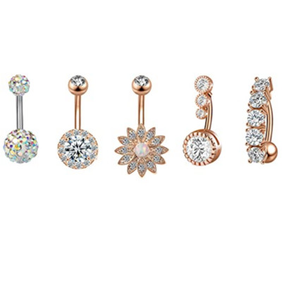Set de piercing pentru buric, floare de lotus, din oțel chirurgical, inel pentru burtică, cristal, în vrac, set de piercing pentru buric, lot de inel pentru buric
