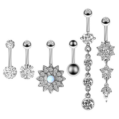 Set de piercing pentru buric, floare de lotus, din oțel chirurgical, inel pentru burtică, cristal, în vrac, set de piercing pentru buric, lot de inel pentru buric