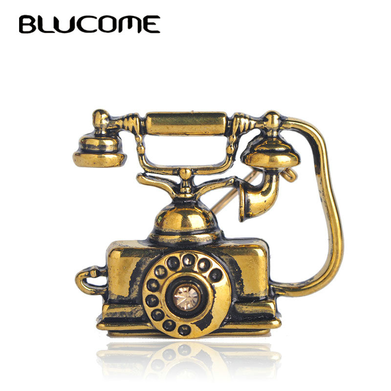 Blucome Reminiscentă Telefon Vintage Telefon Fix Broșă Mamă Tată Cadouri prețioase Suvenir Bijuterii emailate de culoare aur roz