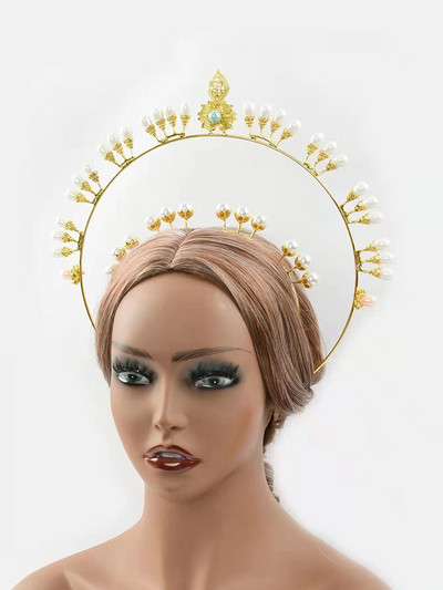 Zeiță Halo Tiara Coroana de Aur Bentiță de mireasă Accesorii și aripi de perle Tiara Studio foto Tiara Îmbrăcăminte Bandă pentru cap