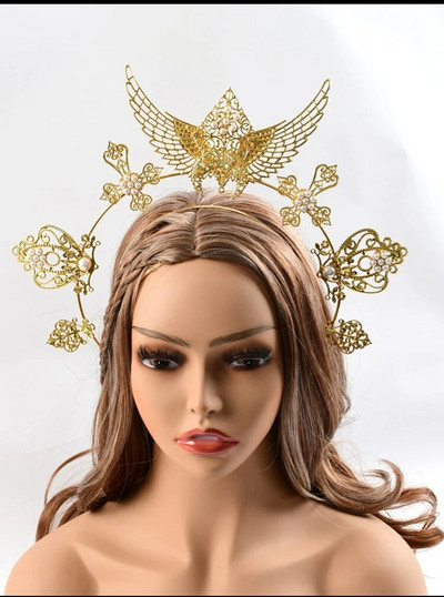 Zeiță Halo Tiara Coroana de Aur Bentiță de mireasă Accesorii și aripi de perle Tiara Studio foto Tiara Îmbrăcăminte Bandă pentru cap