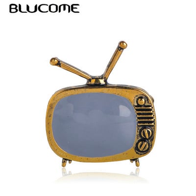 Blucome Classic Vintage TV Television Shape Брошка Златен цвят Емайл Брошки Подарък за родители Шал Пуловер Игли за яка Аксесоари