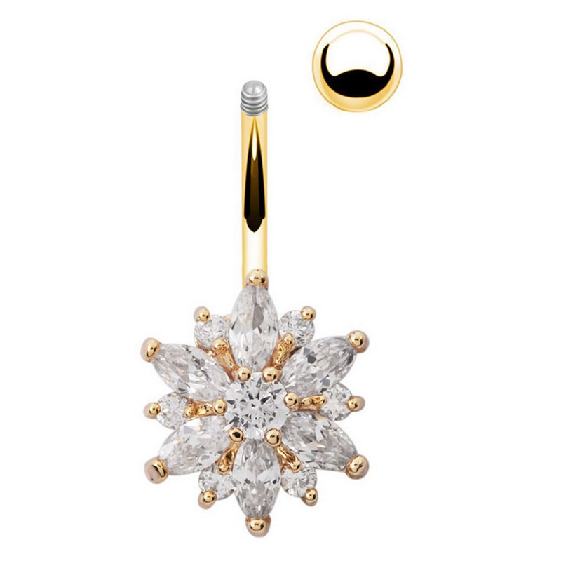 1 buc. Inel de lux cu flori de cristal pentru buric, din oțel inoxidabil 316L, flori verzi, pentru femei, inel pentru buric, piercing la buric, bijuterii