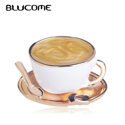 Blucome Fashion ceașcă de cafea lingură în formă de disc broșe email alb culoare aur broșă ace femei bărbați haine costum haine accesorii
