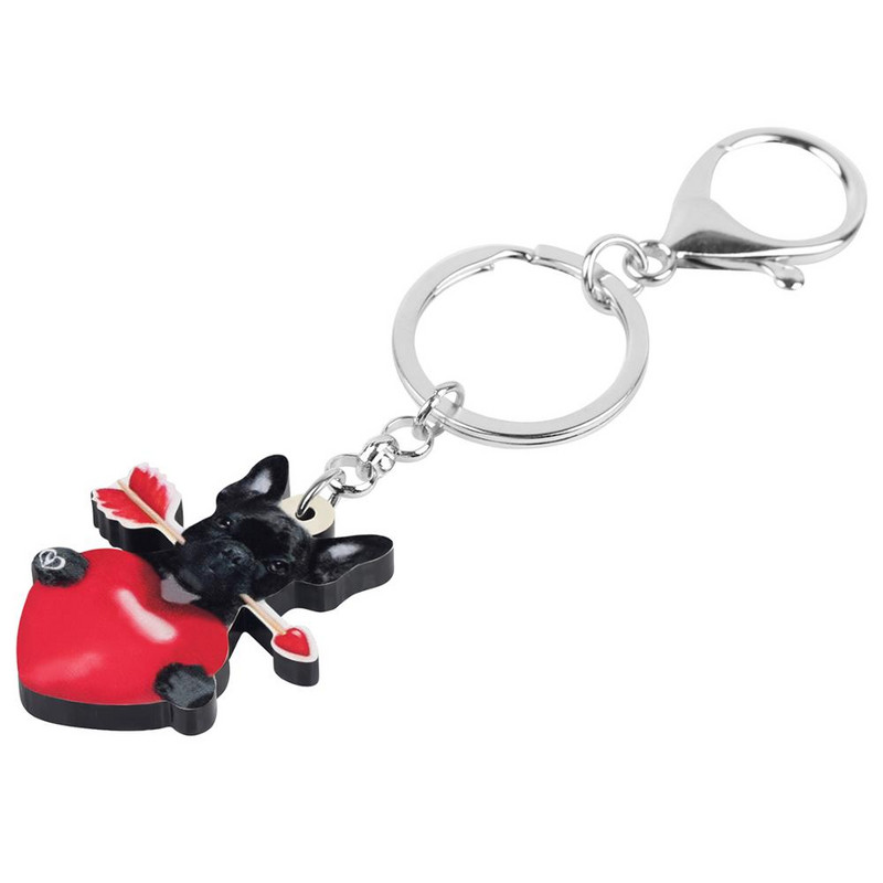 Bonsny Acrilic Ziua Îndrăgostiților Săgeată Inimă Bulldog Câine Breloc Animal Breloc Geantă Poșetă Mașină Breloc Pentru Femei Fată Cadou Adolescent