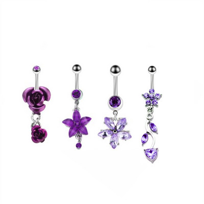 Inel de buric cu flori de trandafir din oțel inoxidabil Dangle 14G Inel de piercing floral pentru buric Inel drăguț de floare de lotus pentru buric Pircing Ombligo