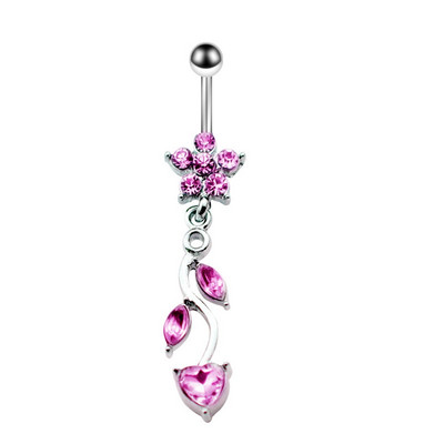 Inel de buric cu flori de trandafir din oțel inoxidabil Dangle 14G Inel de piercing floral pentru buric Inel drăguț de floare de lotus pentru buric Pircing Ombligo