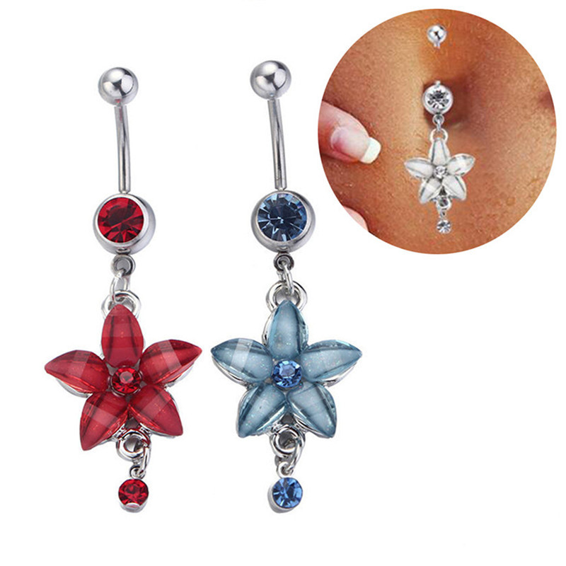 Inel de buric cu flori de trandafir din oțel inoxidabil Dangle 14G Inel de piercing floral pentru buric Inel drăguț de floare de lotus pentru buric Pircing Ombligo
