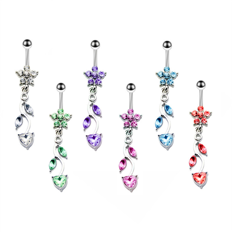 Inel de buric cu flori de trandafir din oțel inoxidabil Dangle 14G Inel de piercing floral pentru buric Inel drăguț de floare de lotus pentru buric Pircing Ombligo