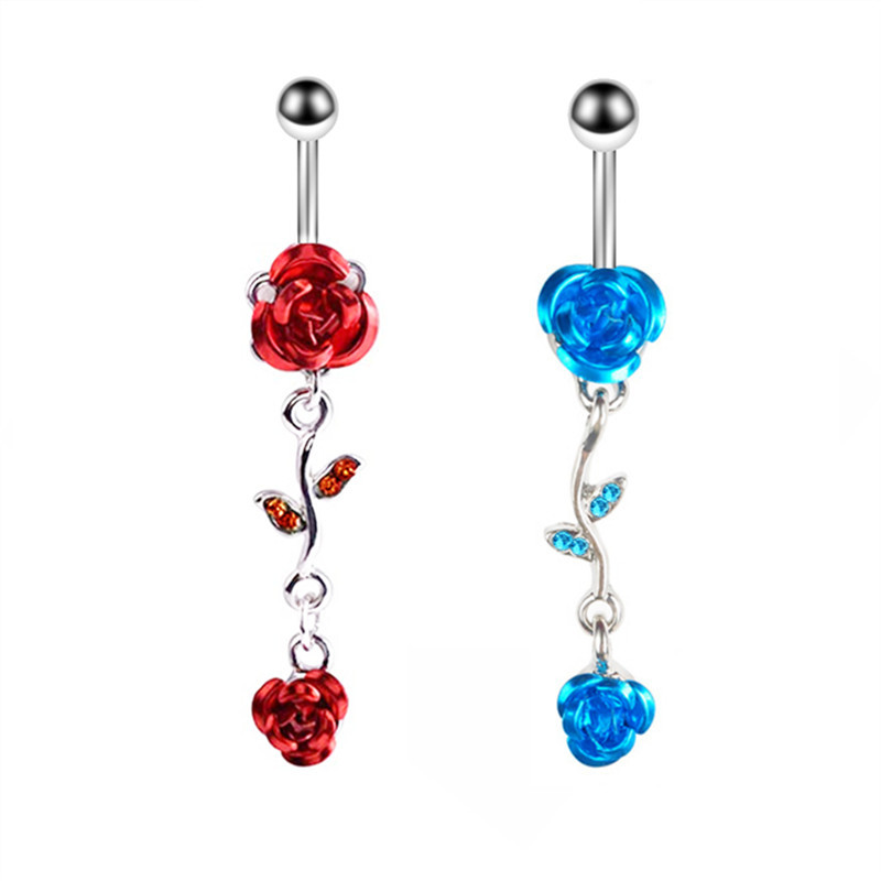 Inel de buric cu flori de trandafir din oțel inoxidabil Dangle 14G Inel de piercing floral pentru buric Inel drăguț de floare de lotus pentru buric Pircing Ombligo
