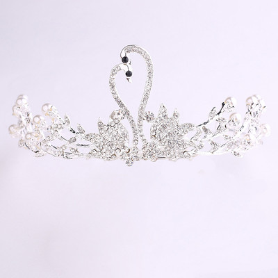Coroană de prințesă elegantă în formă de lebădă, tiară de perle, ornament de păr cu strasuri, model de nuntă, model de podium de căptușeală lucrată manual