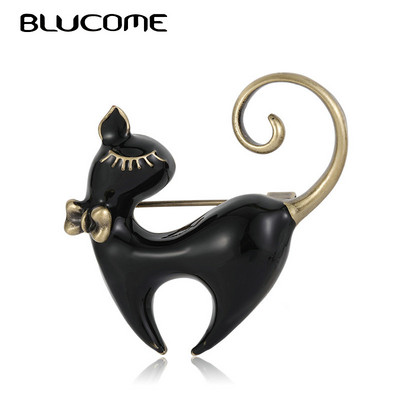 Blucome Retro Enamel Черно-бели Брошки във формата на котка Подаръци Златен цвят Сплав Bownot Брошка Животни Игли за ревери Чанта Аксесоари за шапки