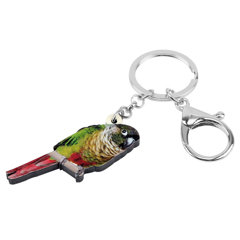 Bonsny akril zöld pofájú Conure madár kulcstartó kulcstartó gyűrűk divatos állat ékszerek nőknek lány táska medál dekoráció