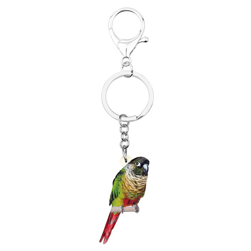 Bonsny akril zöld pofájú Conure madár kulcstartó kulcstartó gyűrűk divatos állat ékszerek nőknek lány táska medál dekoráció