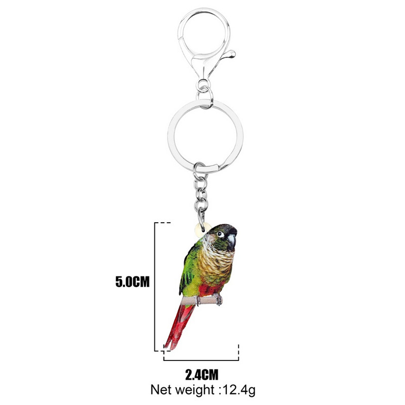 Bonsny akril zöld pofájú Conure madár kulcstartó kulcstartó gyűrűk divatos állat ékszerek nőknek lány táska medál dekoráció