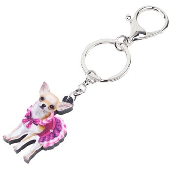 Bonsny ακρυλικό χαριτωμένο ροζ φόρεμα Chihuahua Dog keychain δαχτυλίδια ζωικά κοσμήματα για γυναίκες κορίτσι γυναικεία τσάντα αυτοκινήτου Charms