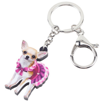 Bonsny ακρυλικό χαριτωμένο ροζ φόρεμα Chihuahua Dog keychain δαχτυλίδια ζωικά κοσμήματα για γυναίκες κορίτσι γυναικεία τσάντα αυτοκινήτου Charms