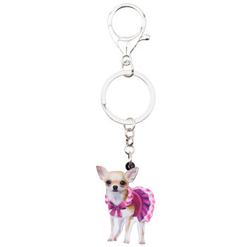 Bonsny ακρυλικό χαριτωμένο ροζ φόρεμα Chihuahua Dog keychain δαχτυλίδια ζωικά κοσμήματα για γυναίκες κορίτσι γυναικεία τσάντα αυτοκινήτου Charms