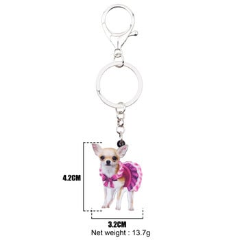 Bonsny ακρυλικό χαριτωμένο ροζ φόρεμα Chihuahua Dog keychain δαχτυλίδια ζωικά κοσμήματα για γυναίκες κορίτσι γυναικεία τσάντα αυτοκινήτου Charms