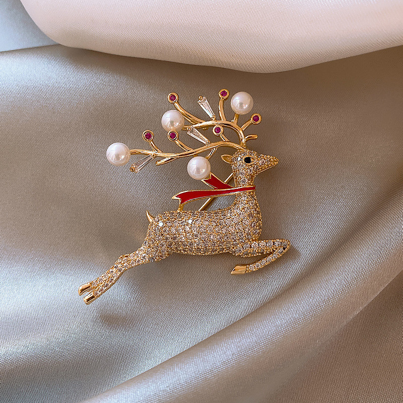 Setare rafinată de zircon, de culoare aurie, broșă de cerb săritor pentru femei, design avansat, fete tinere, pulover de elan de Crăciun, bijuterii N461