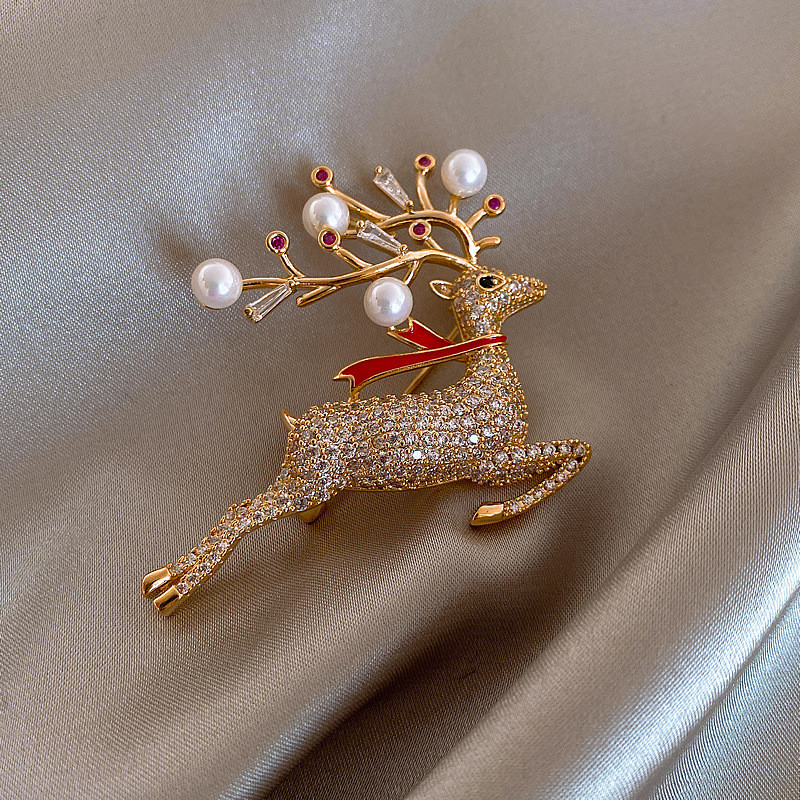 Setare rafinată de zircon, de culoare aurie, broșă de cerb săritor pentru femei, design avansat, fete tinere, pulover de elan de Crăciun, bijuterii N461