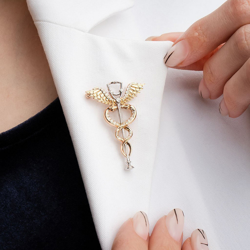 Hanreshe de lux caduceu stetoscop medical broșă ace incrustate cristal lucios șarpe tija medical rever insigna bijuterii cadou