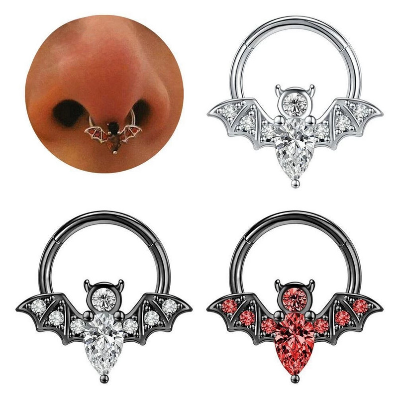 1 kom. Dizajn šišmiša CZ kristalni prsten za nos 316L nehrđajući čelik septum kliker 16G uho tragus hrskavica Daith piercing nakit 8 mm