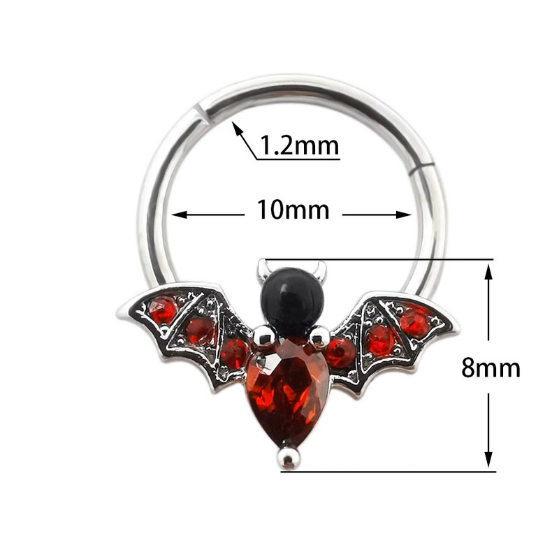 1 kom. Dizajn šišmiša CZ kristalni prsten za nos 316L nehrđajući čelik septum kliker 16G uho tragus hrskavica Daith piercing nakit 8 mm