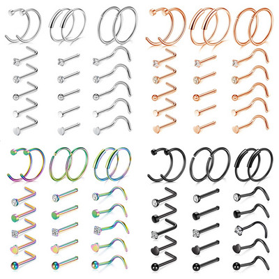 Set de inele pentru nas cu cristale din oțel inoxidabil 20G Set de inele pentru nas în formă de L Set de piercing pentru nară pentru inimă Bijuterii pentru piercing pentru corp.